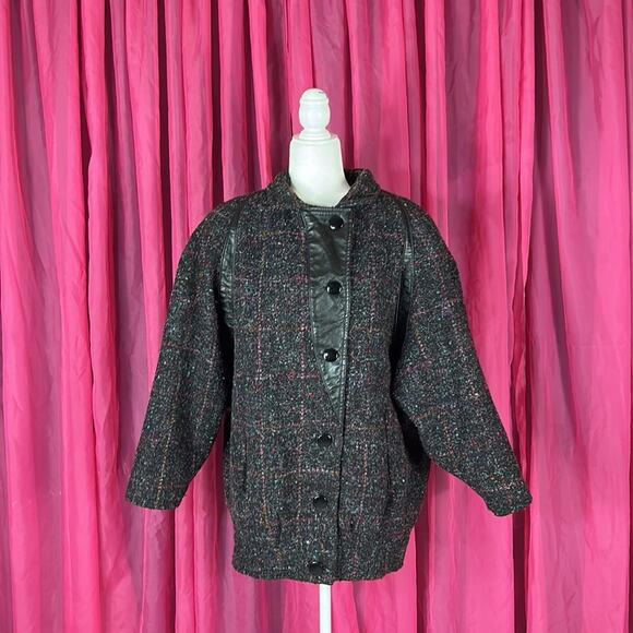 Vintage 80s Havoc wool tweed and genuine leather black Grey bomber coat, med - Picture 1 of 12